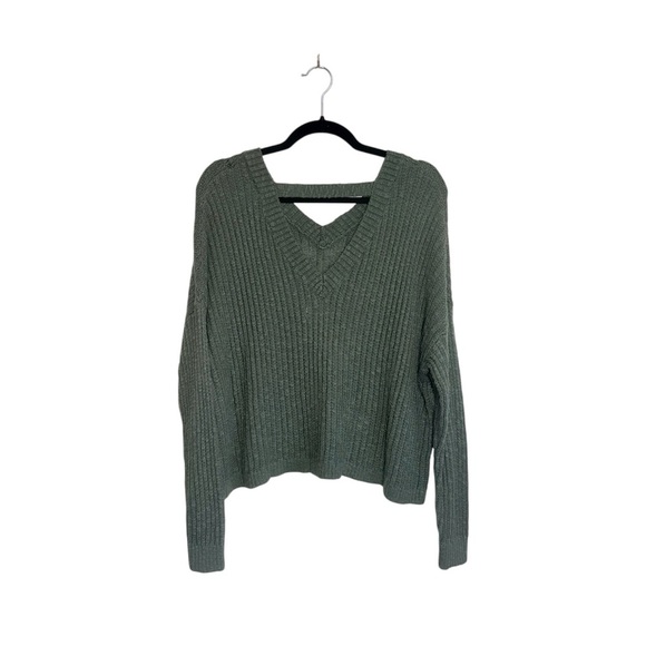 Hollister Olive Green Sweater Open Back Drop Shoulder V-neck Knit Small Women’s - Picture 6 of 11